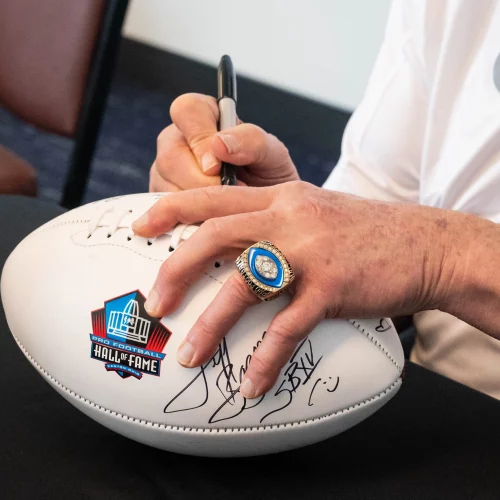 Close-up of championship ring during sports feature photography at the Pro Football Hall of Fame.