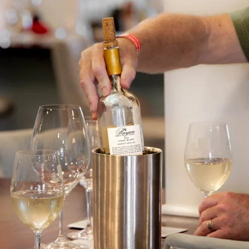 Sommelier pouring wine during winery brand shoot at Rayson Vineyards.