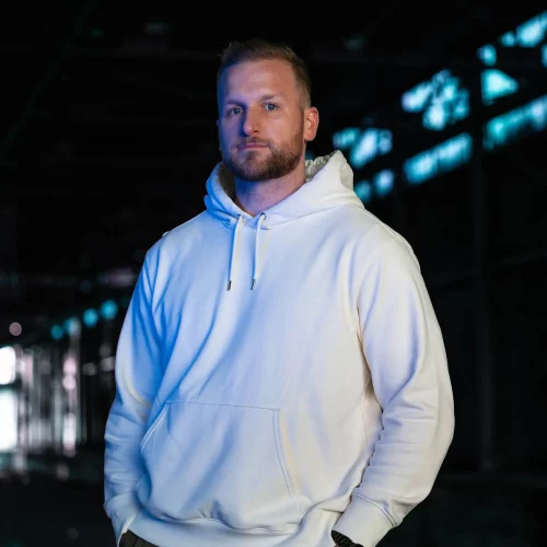 Musician portrait with studio lighting for promotional media.