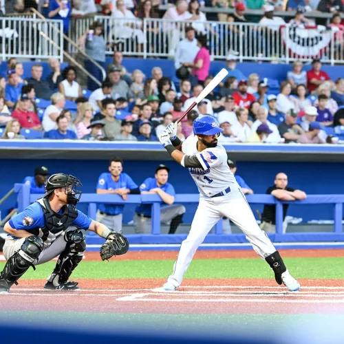Baseball player mid-swing during professional game in High Point North Carolina.