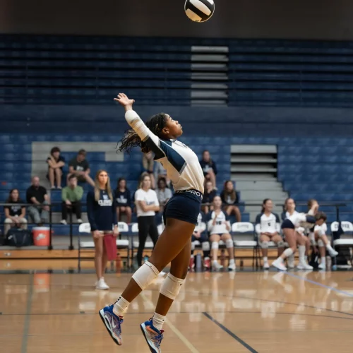 Volleyball player mid-serve action shot in Clover, South Carolina and captured by MJS Live Productions.