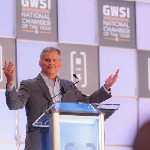 MJS Live Productions photographing keynote speaker at Greater Winston-Salem Chamber of Commerce conference in North Carolina