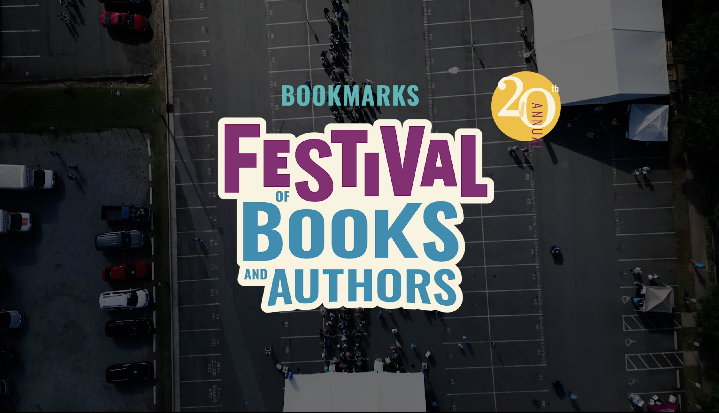 Aerial event photography of Bookmarks Festival of Books and Authors capturing crowd and event layout